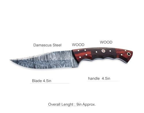 9 Inch Handmade Damascus Skinner Knife with leather sheath - EDC Full tang fixed blade with RoseWood handle - Ideal for Camping, Hunting & Skinning, and Bushcraft