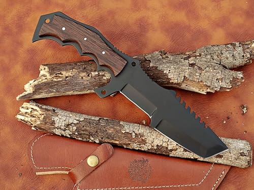 13 inch handcrafted military tracker knife with Leather sheath - 8 inch Black Powder Coated Stainless Steel Blade with 5-inch wooden handle for Camping, Outdoor, Bush craft