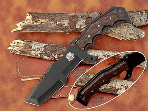 13 inch handcrafted military tracker knife with Leather sheath - 8 inch Black Powder Coated Stainless Steel Blade with 5-inch wooden handle for Camping, Outdoor, Bush craft