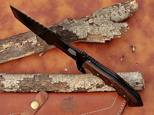 13 inch handcrafted military tracker knife with Leather sheath - 8 inch Black Powder Coated Stainless Steel Blade with 5-inch wooden handle for Camping, Outdoor, Bush craft