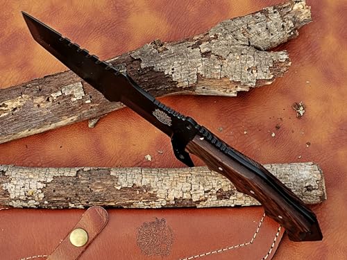 13 inch handcrafted military tracker knife with Leather sheath - 8 inch Black Powder Coated Stainless Steel Blade with 5-inch wooden handle for Camping, Outdoor, Bush craft