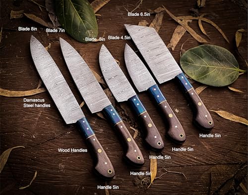 Exquisite 5-Piece Damascus Steel Chef Knife Set with Premium Leather Sheaths and Wood Handles - Ergonomic, Professional, and Ultra Sharp for Professional Kitchen Use