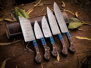 Exquisite 5-Piece Damascus Steel Chef Knife Set with Premium Leather Sheaths and Wood Handles - Ergonomic, Professional, and Ultra Sharp for Professional Kitchen Use