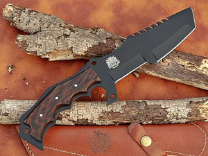 13 inch handcrafted military tracker knife with Leather sheath - 8 inch Black Powder Coated Stainless Steel Blade with 5-inch wooden handle for Camping, Outdoor, Bush craft
