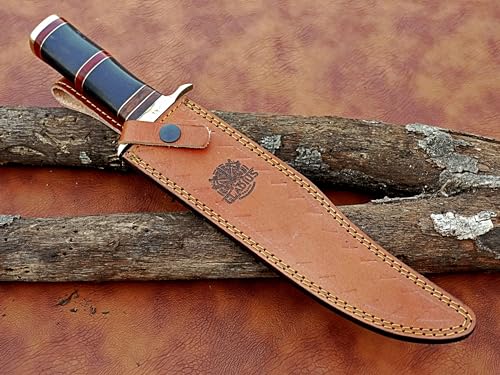 Classic 15-Inch Damascus Bowie Knife -10-inch Fixed Blade with 5 inch Elegant Wood and Brass Handle for Hunting, Camping and Self-Defense