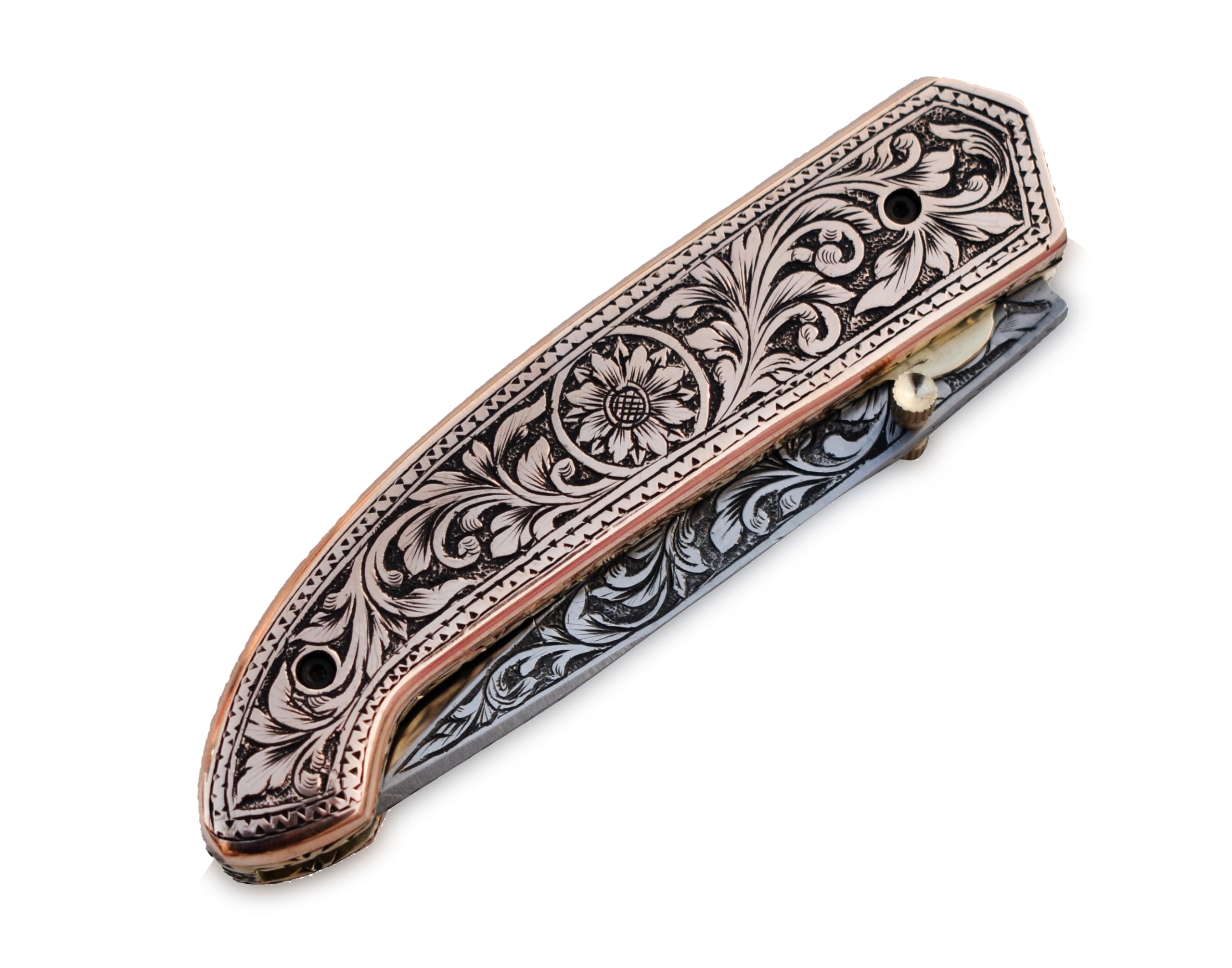 Exquisite 9-inch Hand-Crafted Folding Knife - 4-inch D2 Steel Blade with 5-inch Hand-Engraved Copper Handle - Ideal for Collection, EDC Tool, or any other Practical Use - An Extraordinary Gift (GC-FK14)
