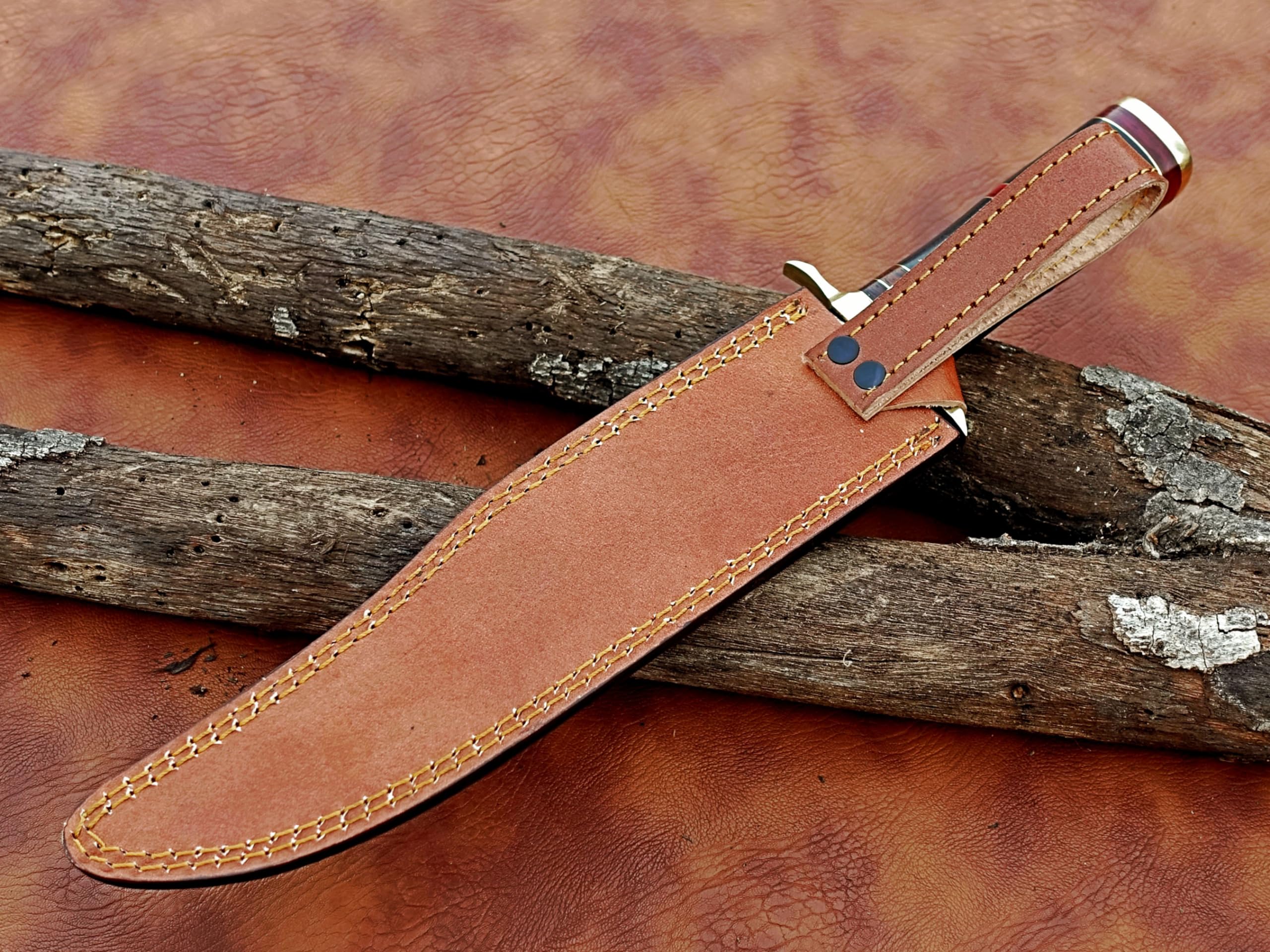 Classic 15-Inch Damascus Bowie Knife -10-inch Fixed Blade with 5 inch Elegant Wood and Brass Handle for Hunting, Camping and Self-Defense