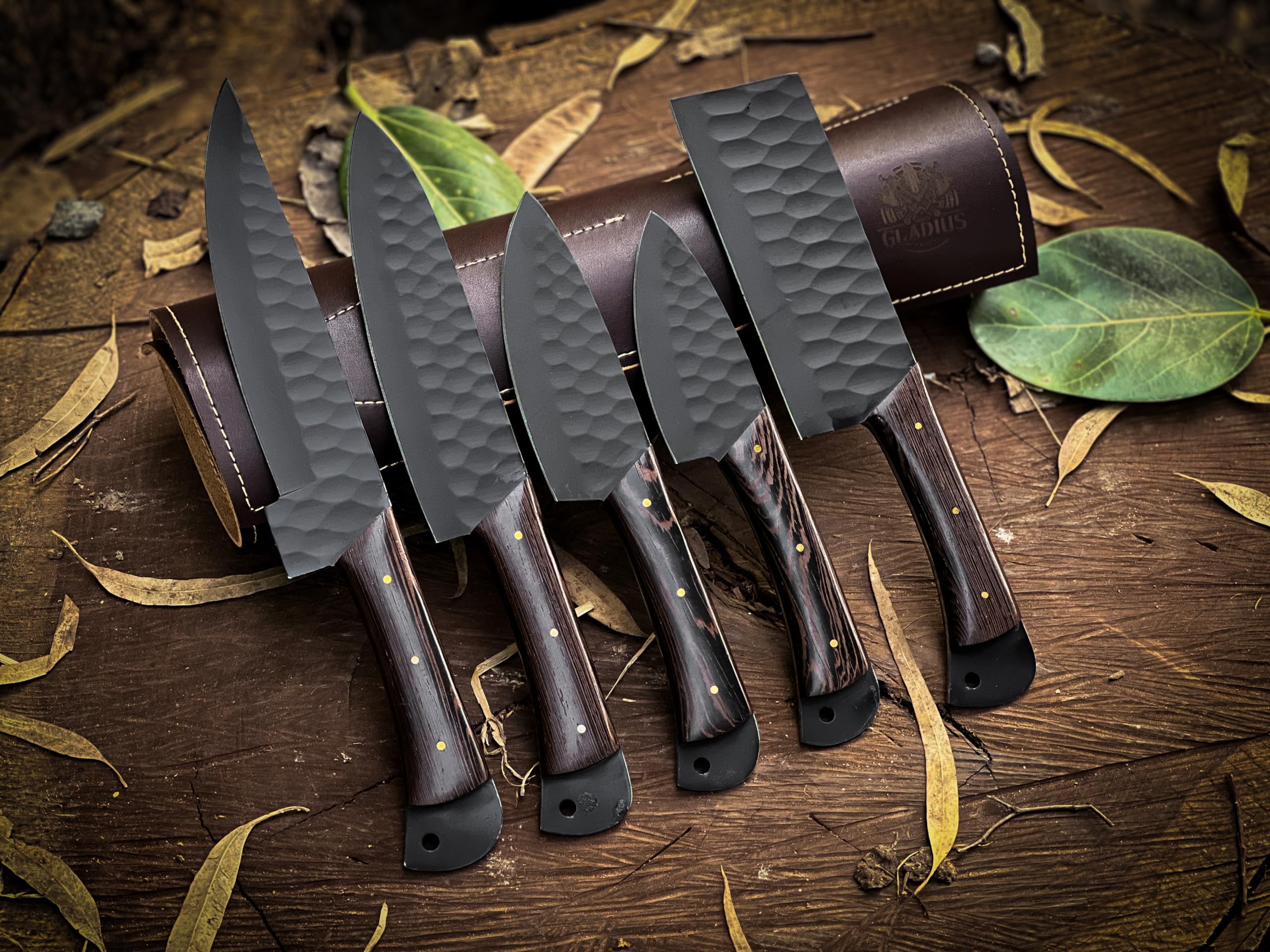 Premium handcrafted Stainless Steel Culinary Collection – Meticulously crafted Chef’s knives set with Sturdy Wooden handle; a Full Tang Blade with a Protective leather sheath