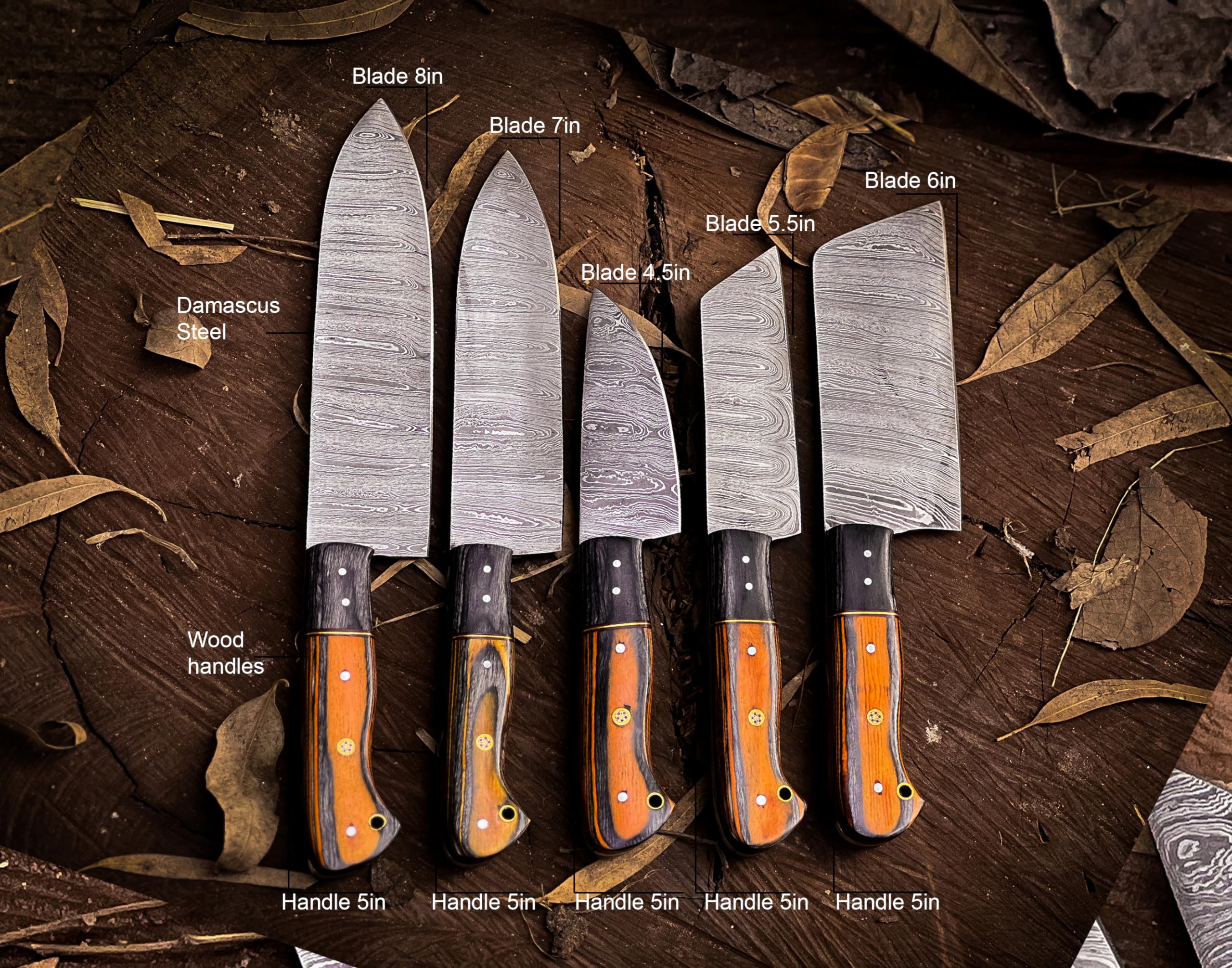 Exquisite 5-Piece Damascus Steel Chef Knife Set with Premium Leather Sheaths and Wood Handles - Ergonomic, Professional, and Ultra Sharp for Professional Kitchen Use