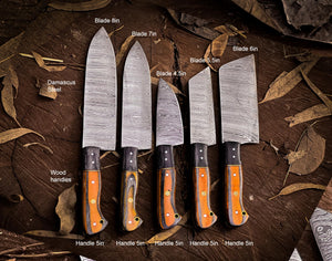 Exquisite 5-Piece Damascus Steel Chef Knife Set with Premium Leather Sheaths and Wood Handles - Ergonomic, Professional, and Ultra Sharp for Professional Kitchen Use