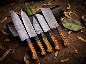 Exquisite 5-Piece Damascus Steel Chef Knife Set with Premium Leather Sheaths and Wood Handles - Ergonomic, Professional, and Ultra Sharp for Professional Kitchen Use
